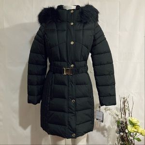 Laundry By Shelli Segal Black Puffer Coat with Fur Trim